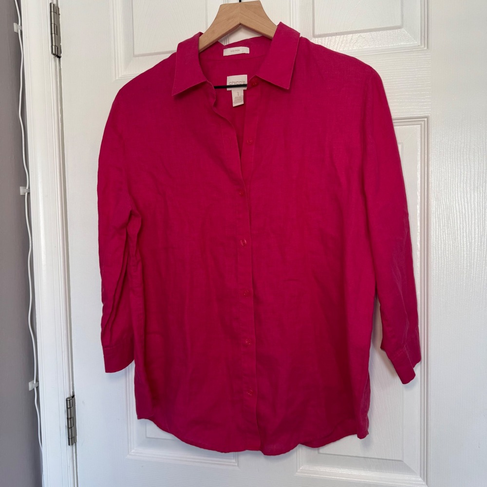 Chicos No-Iron 100% Linen Button Down Shirt Hot Pink Fuchsia Size 1 M 3/4 Sleeve